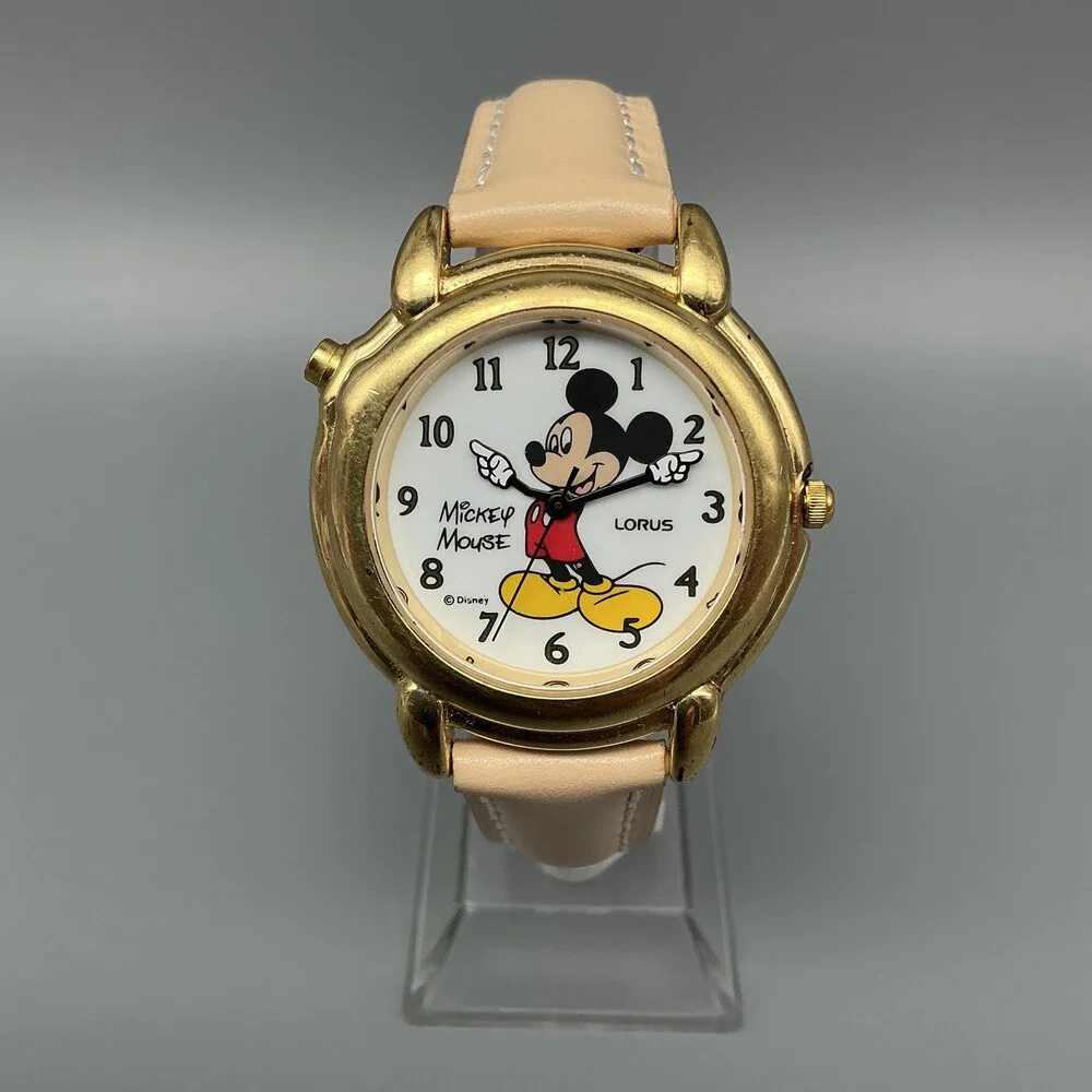 Lorus Women Watch 36mm White Mickey Mouse Talking Gold Tone Leather New Battery
